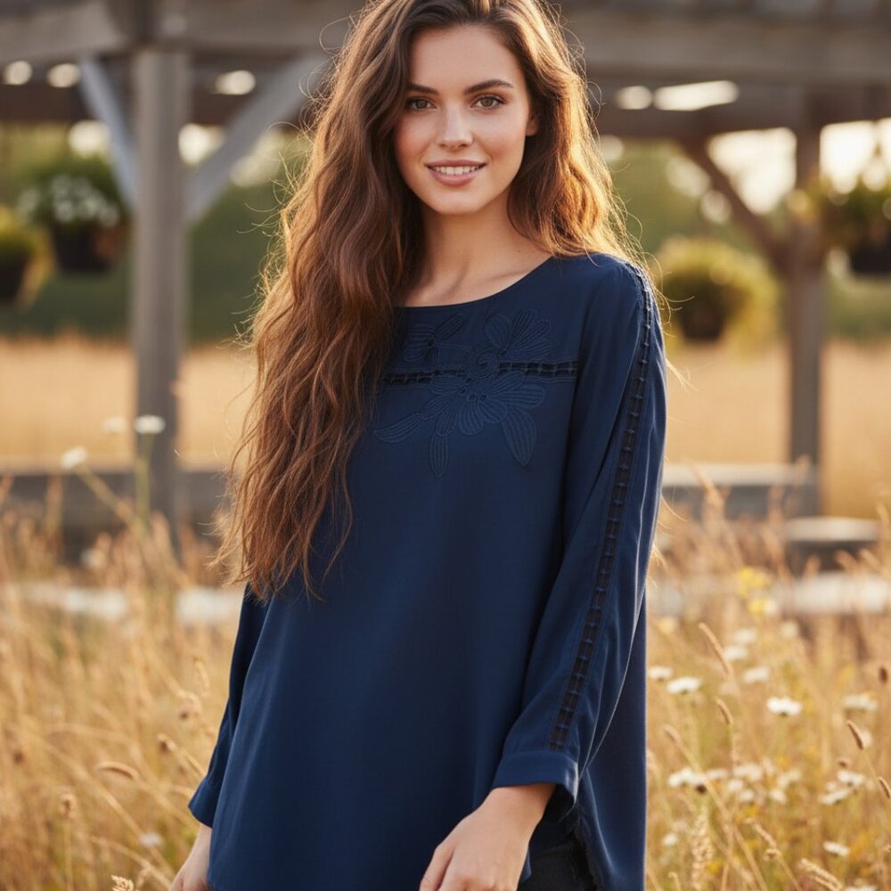 Loft S Womens Blue Floral Embroidered Lace Top Boho Coastal Coquette Indie Mod